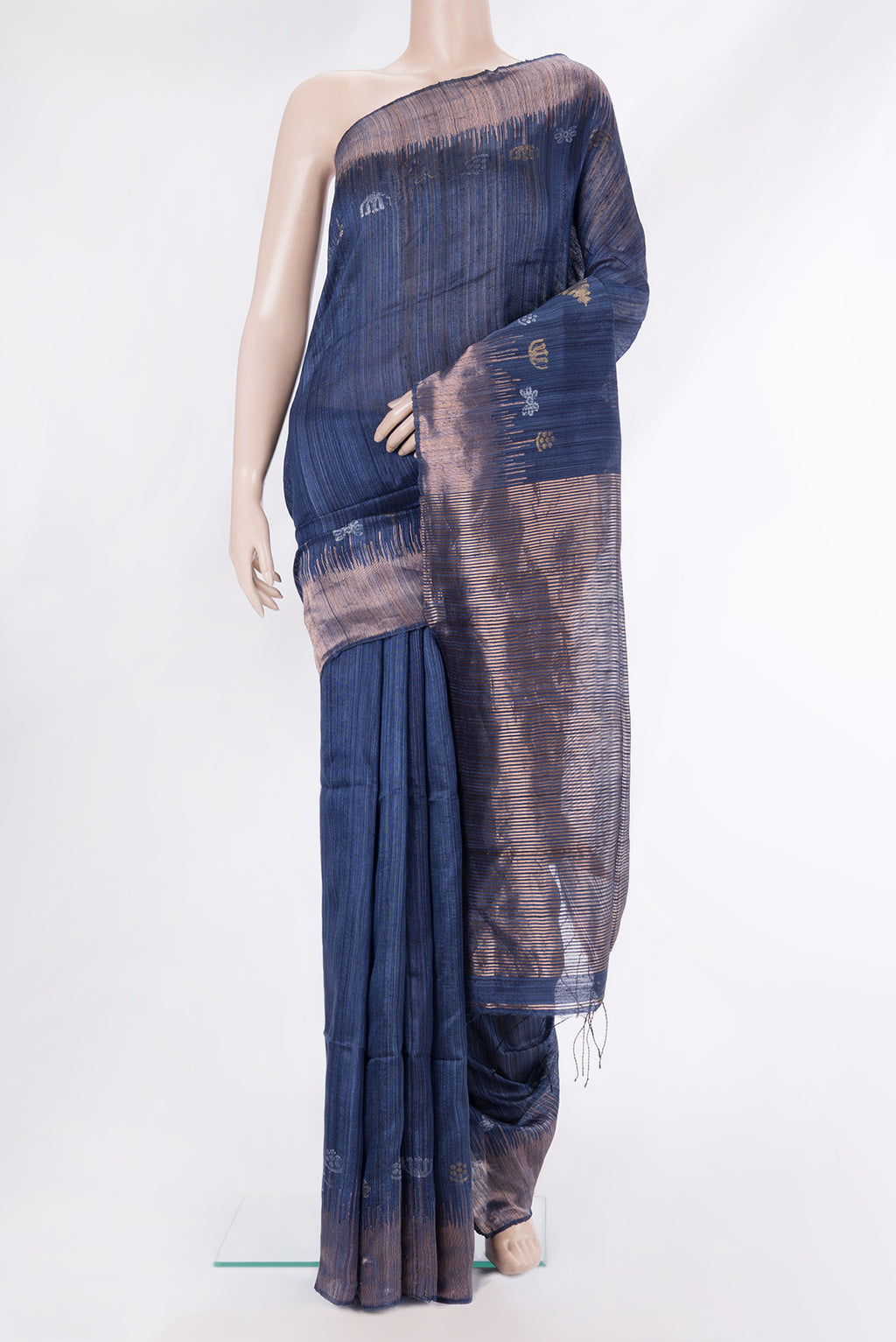 Navy Blue Tussar Saree with Plain Body and Zari Border.  displayed on a mannequin
