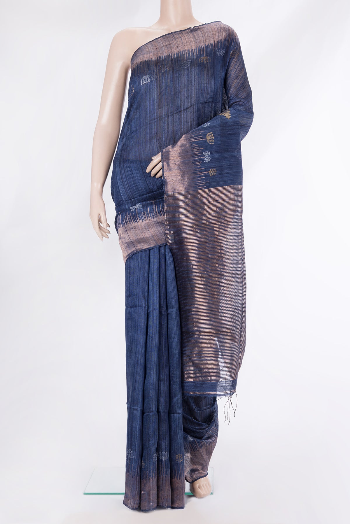 Navy Blue Tussar Saree with Plain Body and Zari Border.  displayed on a mannequin