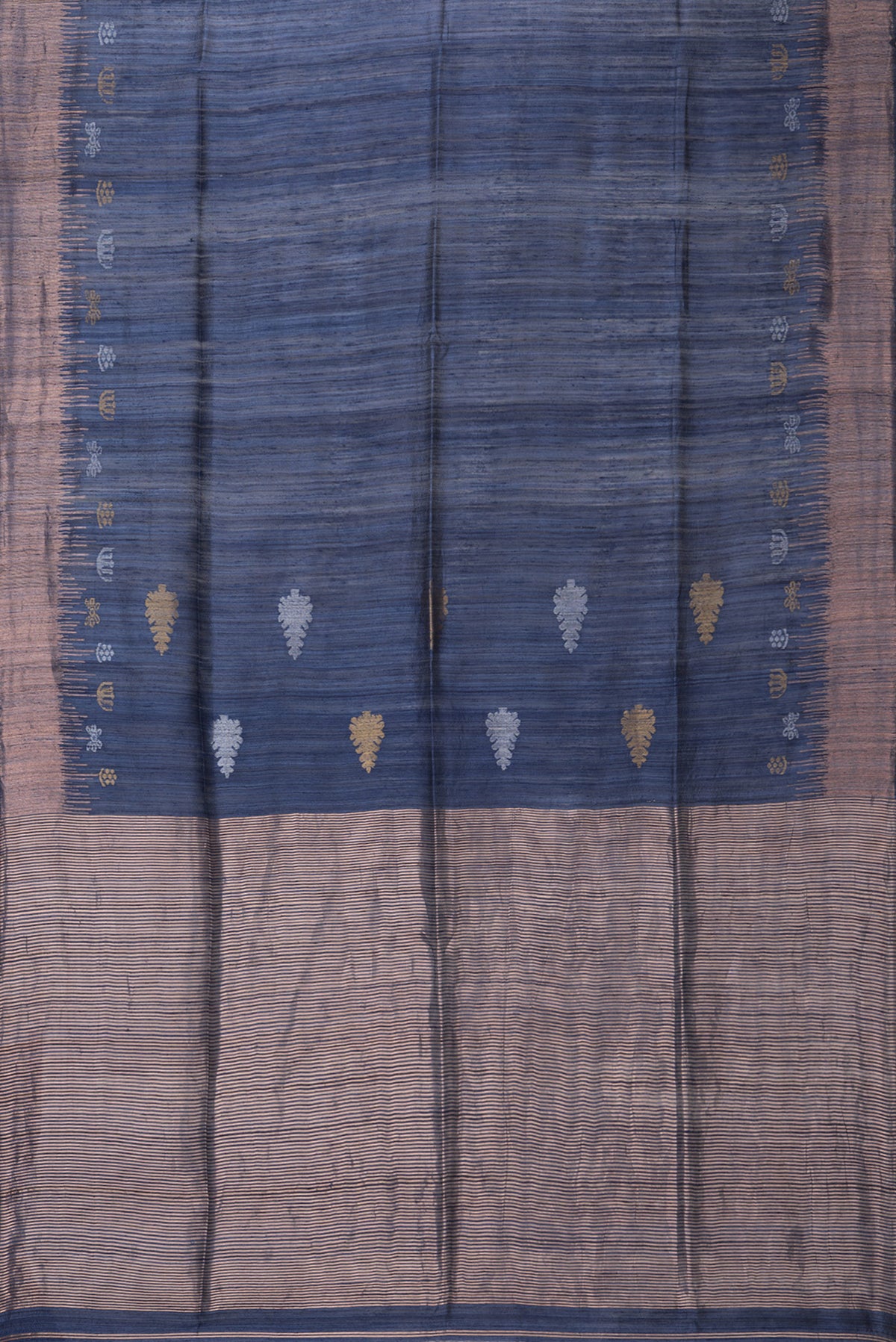 Flat view of Navy Blue Tussar Saree with Plain Body and Zari Border. 