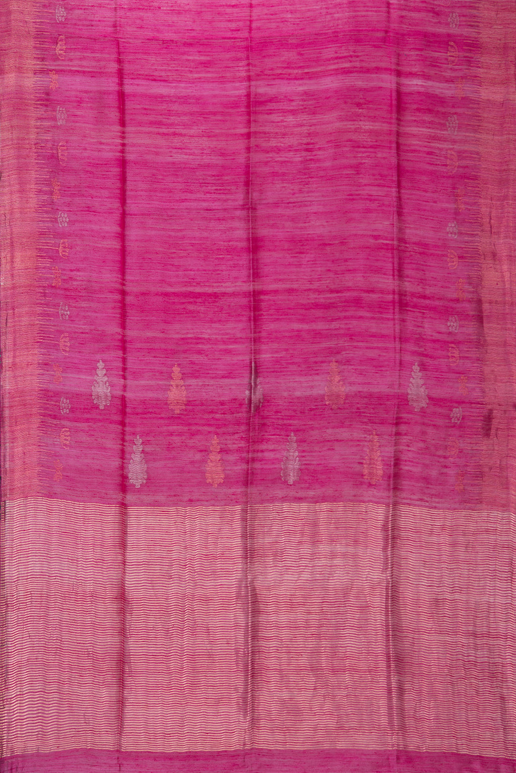 Flat view of Pink Tussar Saree with Plain Body and Fancy Border. 