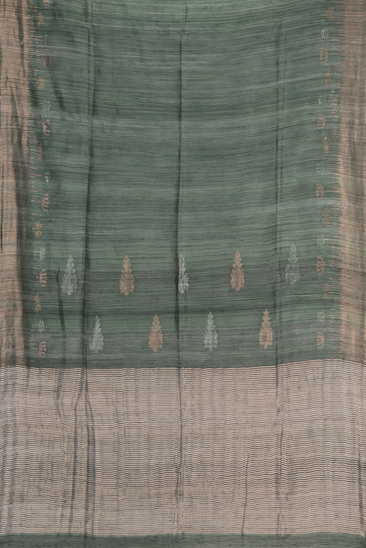 Flat view of Bottle Green Tussar Saree with Zari Butta on the body and Fancy Border. 