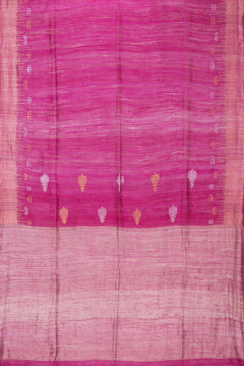 Flat view of Magenta Tussar Saree with Zari Butta on the body and Fancy Border. 