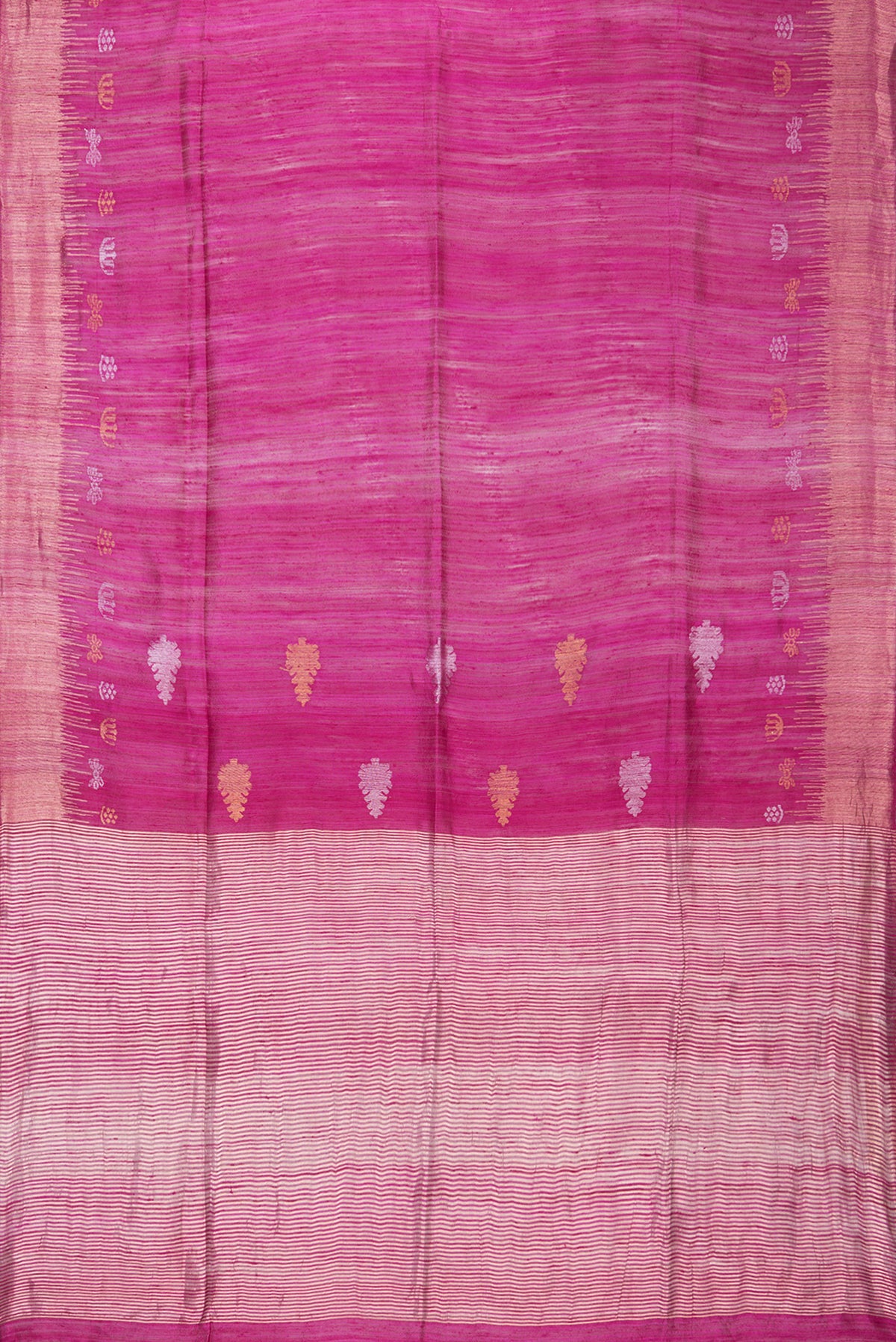 Flat view of Magenta Tussar Saree with Zari Butta on the body and Fancy Border. 