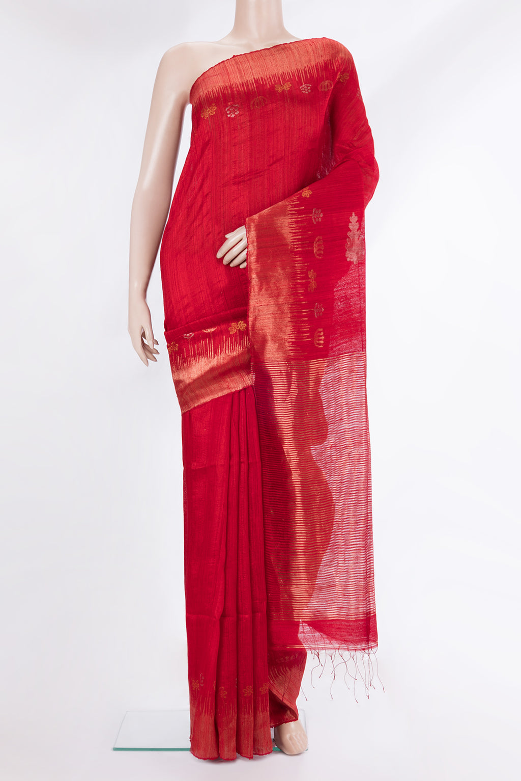 Pure Silk Maroon Dual Tone Jute Saree with Zari Butta on the body and Fancy Border.  displayed on a mannequin