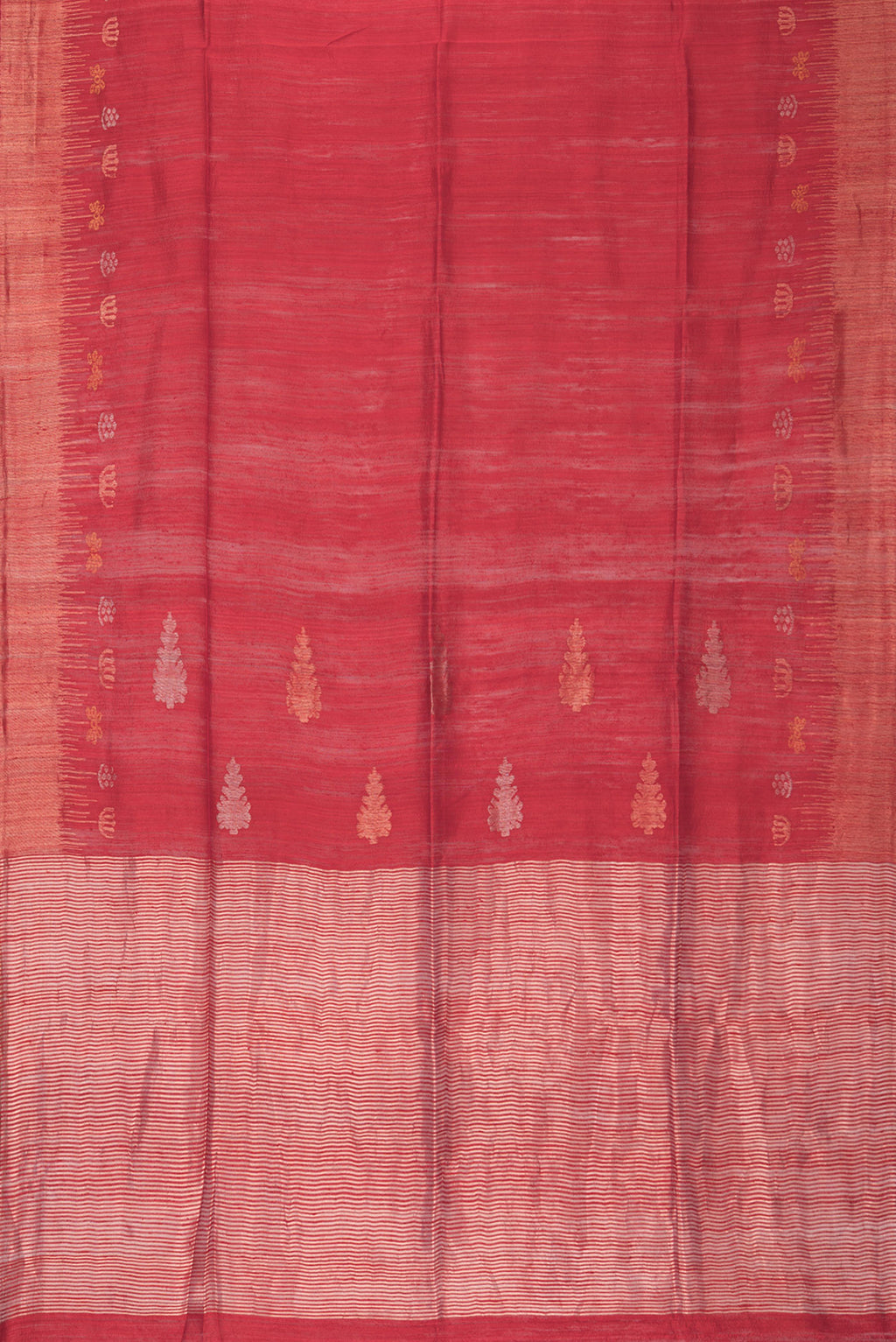 Flat view of Pure Silk Maroon Dual Tone Jute Saree with Zari Butta on the body and Fancy Border. 