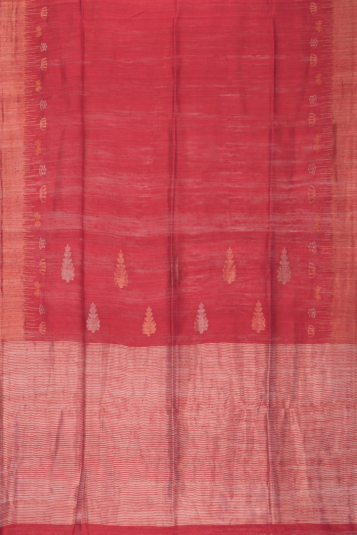 Flat view of Pure Silk Maroon Dual Tone Jute Saree with Zari Butta on the body and Fancy Border. 