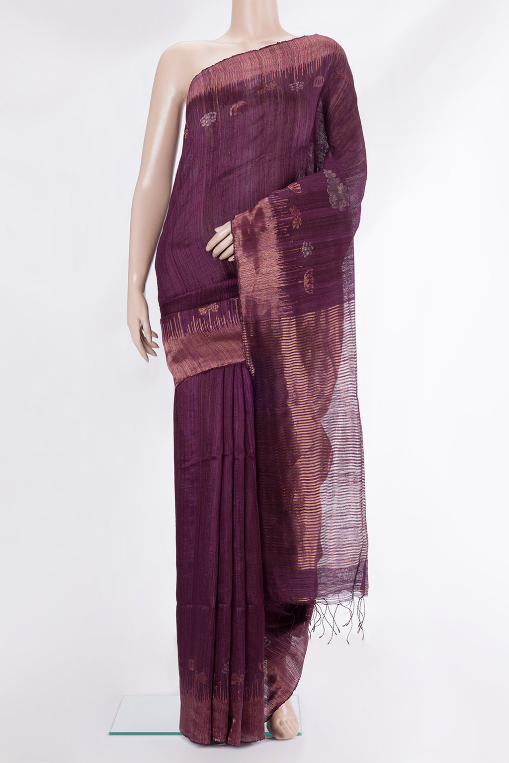 Pure Silk Purple Dual Tone Jute Saree with Zari Butta on the body and Fancy Border.  displayed on a mannequin