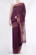Pure Silk Purple Dual Tone Jute Saree with Zari Butta on the body and Fancy Border.  displayed on a mannequin