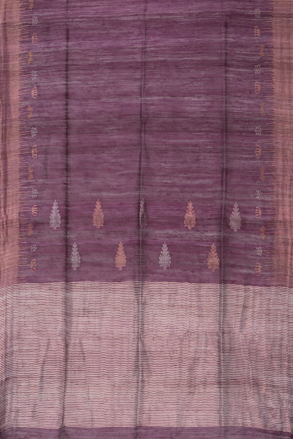 Flat view of Pure Silk Purple Dual Tone Jute Saree with Zari Butta on the body and Fancy Border. 