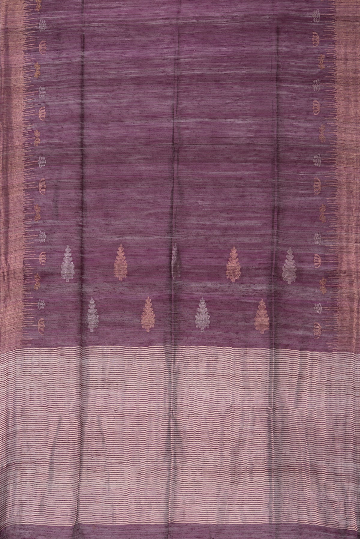 Flat view of Pure Silk Purple Dual Tone Jute Saree with Zari Butta on the body and Fancy Border. 