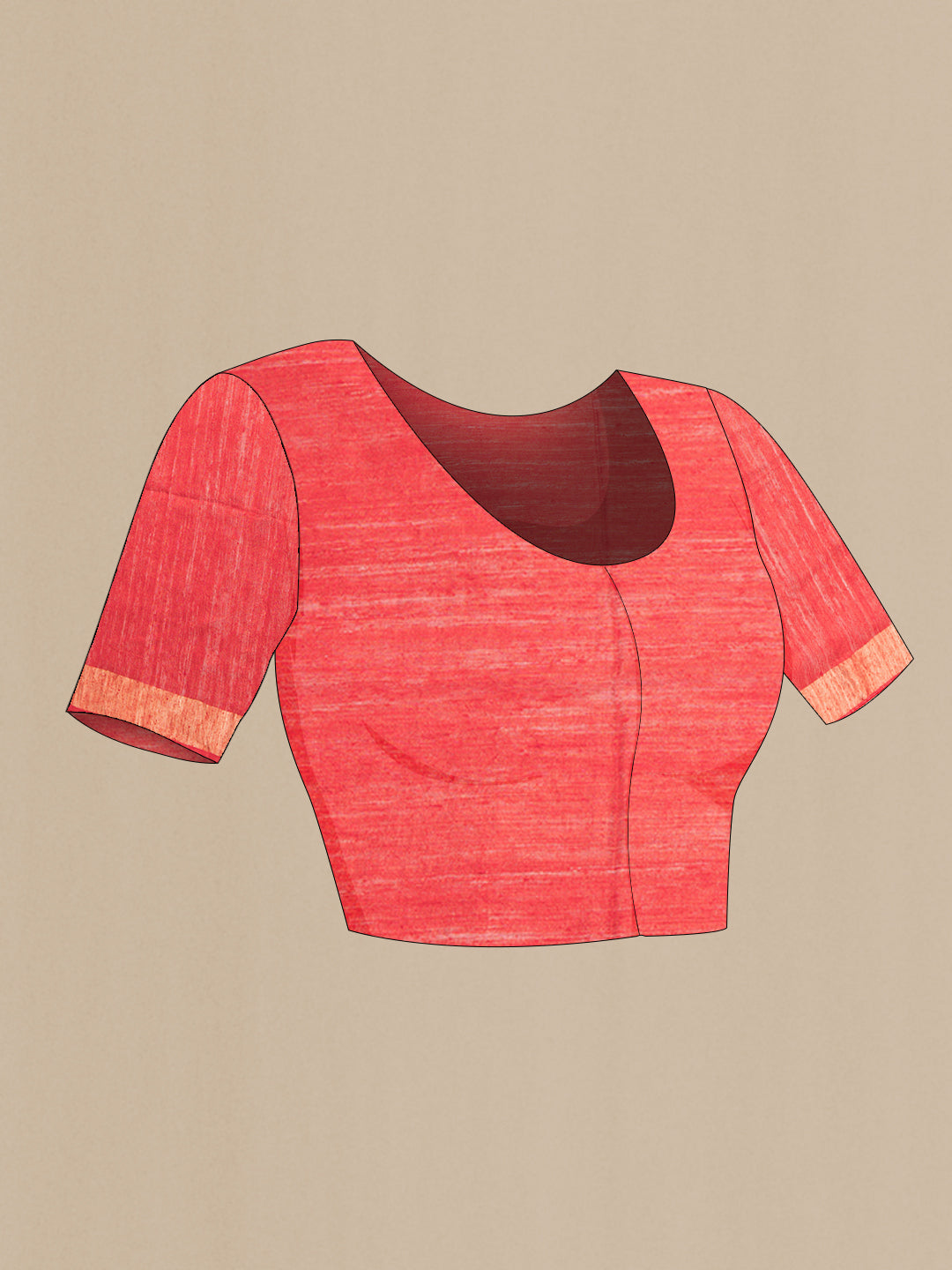 Close up image of the blouse of Pure Silk Red Tussar Saree with Embroidery on the body and Zari Border. 