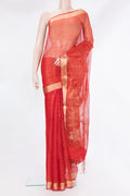Pure Silk Red Tussar Saree with Embroidery on the body and Zari Border.  displayed on a mannequin