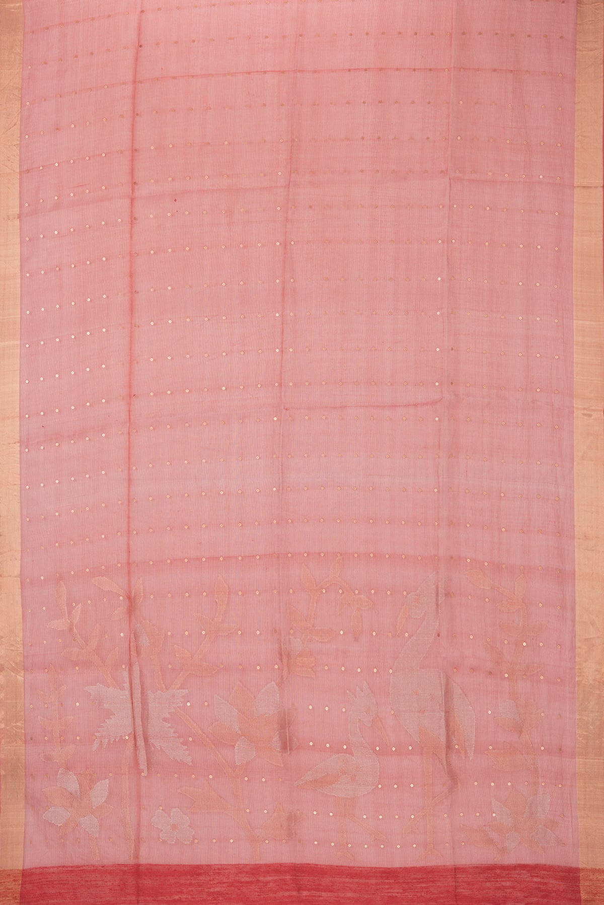 Flat view of Pure Silk Red Tussar Saree with Embroidery on the body and Zari Border. 