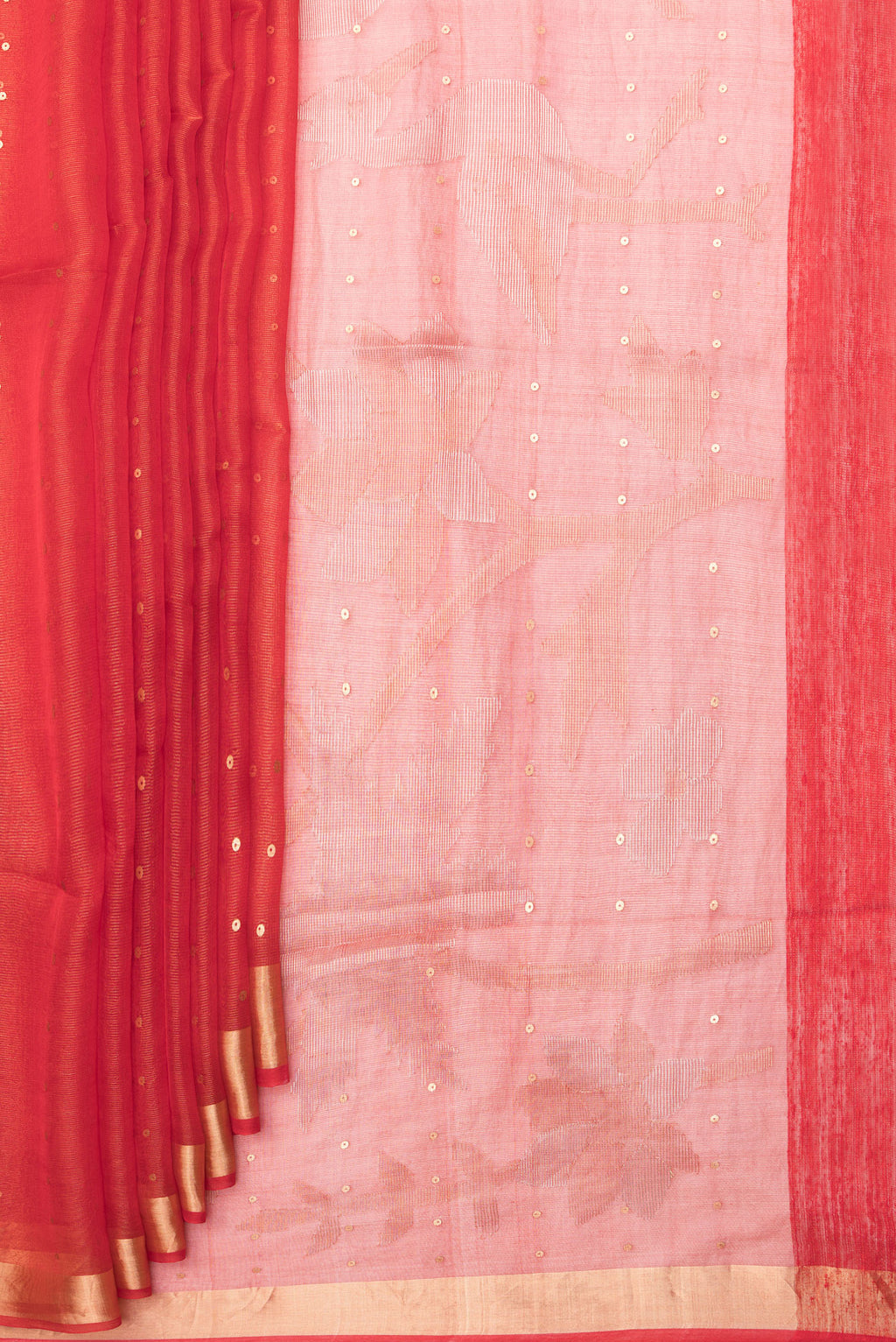 Pleats and pallu of Pure Silk Red Tussar Saree with Embroidery on the body and Zari Border. 