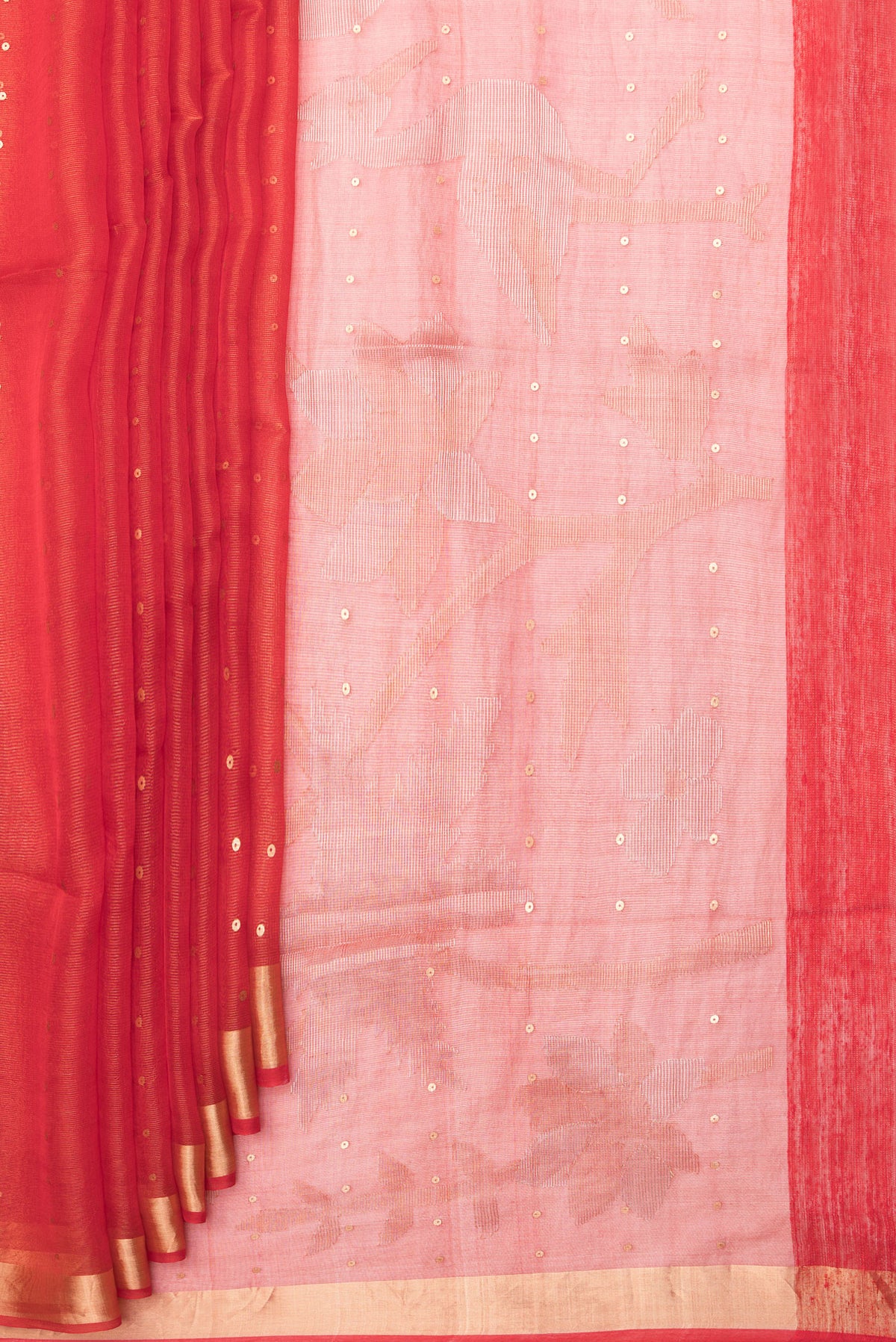 Pleats and pallu of Pure Silk Red Tussar Saree with Embroidery on the body and Zari Border. 