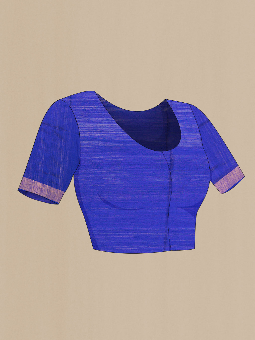 Close up image of the blouse of Pure Silk Royal Blue Tussar Saree with Embroidery on the body and Zari Border. 