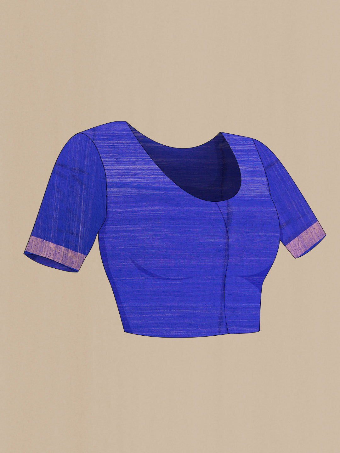 Close up image of the blouse of Pure Silk Royal Blue Tussar Saree with Embroidery on the body and Zari Border. 
