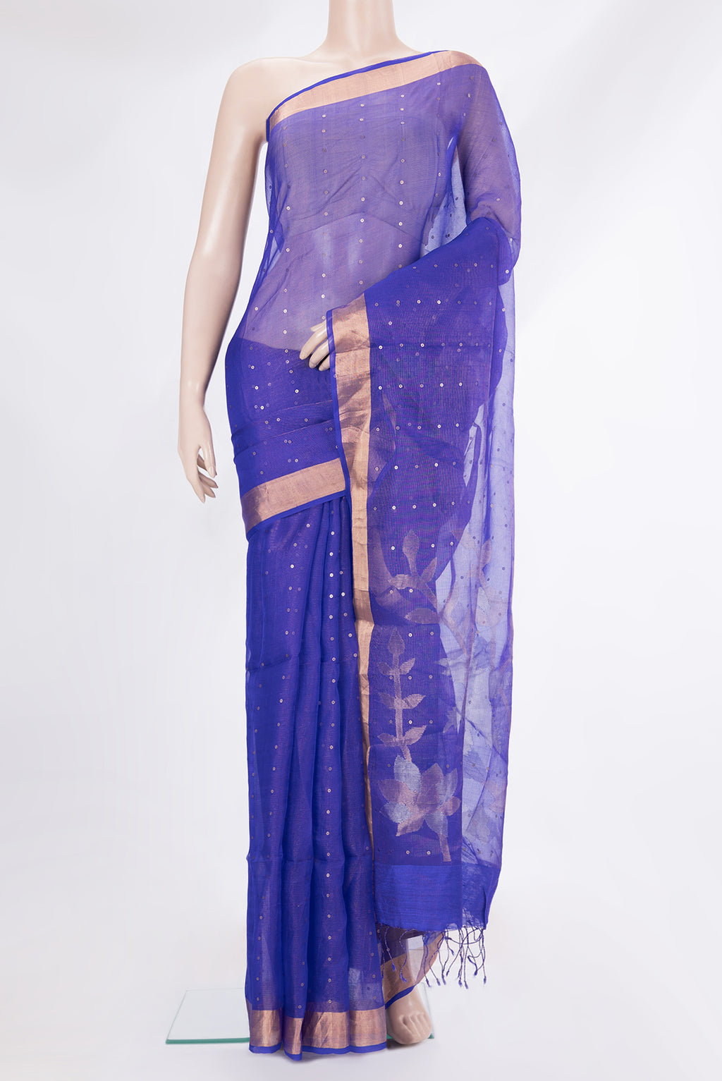 Pure Silk Royal Blue Tussar Saree with Embroidery on the body and Zari Border.  displayed on a mannequin