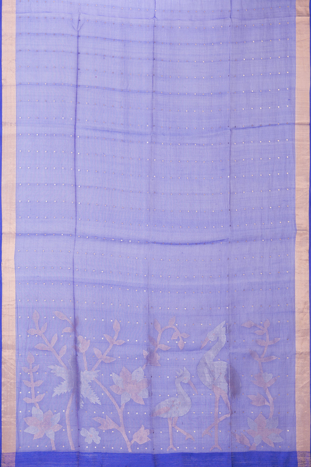 Flat view of Pure Silk Royal Blue Tussar Saree with Embroidery on the body and Zari Border. 