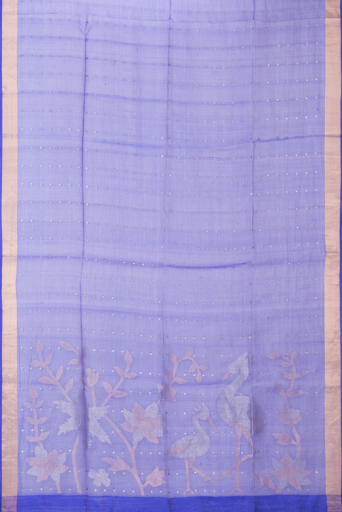 Flat view of Pure Silk Royal Blue Tussar Saree with Embroidery on the body and Zari Border. 