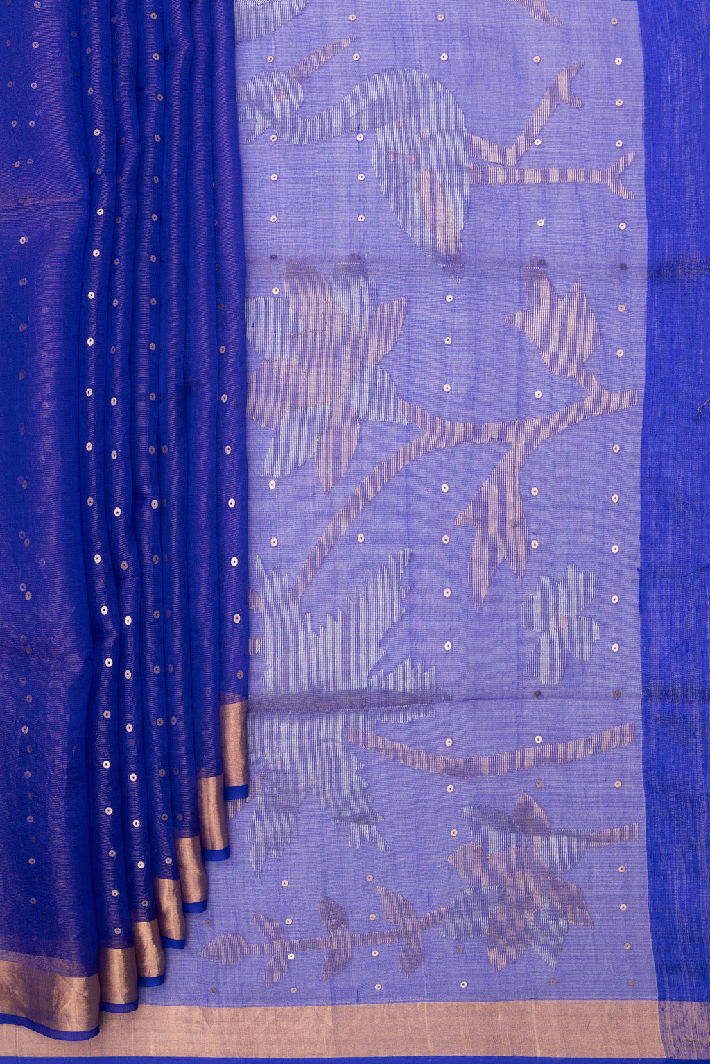 Pleats and pallu of Pure Silk Royal Blue Tussar Saree with Embroidery on the body and Zari Border. 