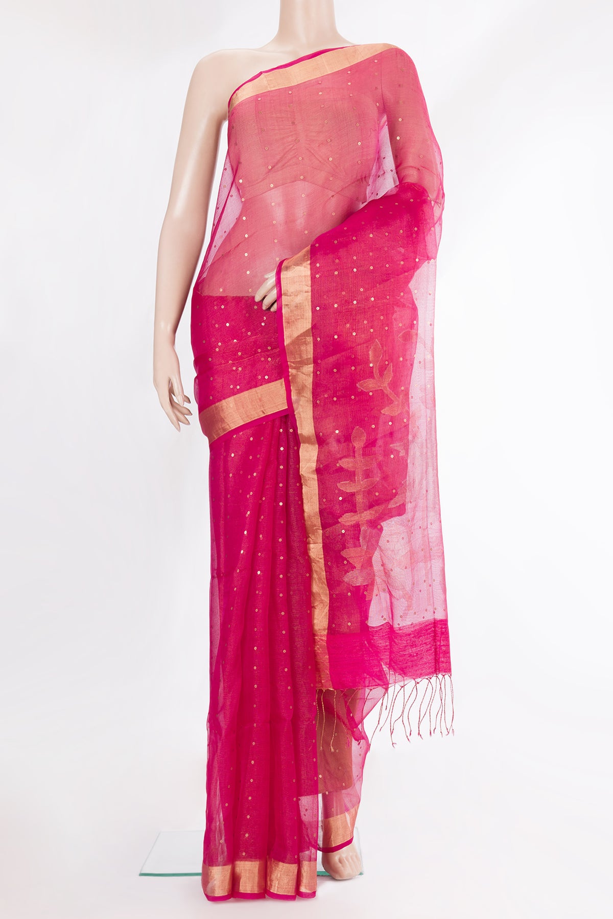 Pure Silk Dark Pink Dual Tone Tussar Saree with Embroidery on the body and Zari Border.  displayed on a mannequin