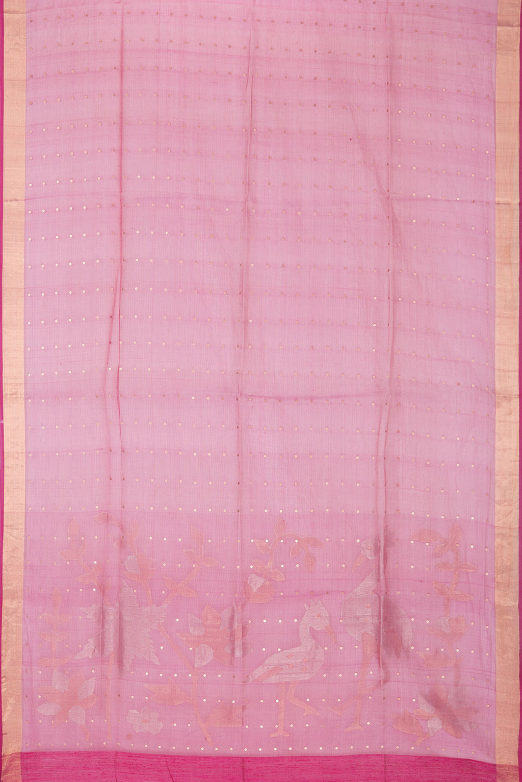 Flat view of Pure Silk Dark Pink Dual Tone Tussar Saree with Embroidery on the body and Zari Border. 