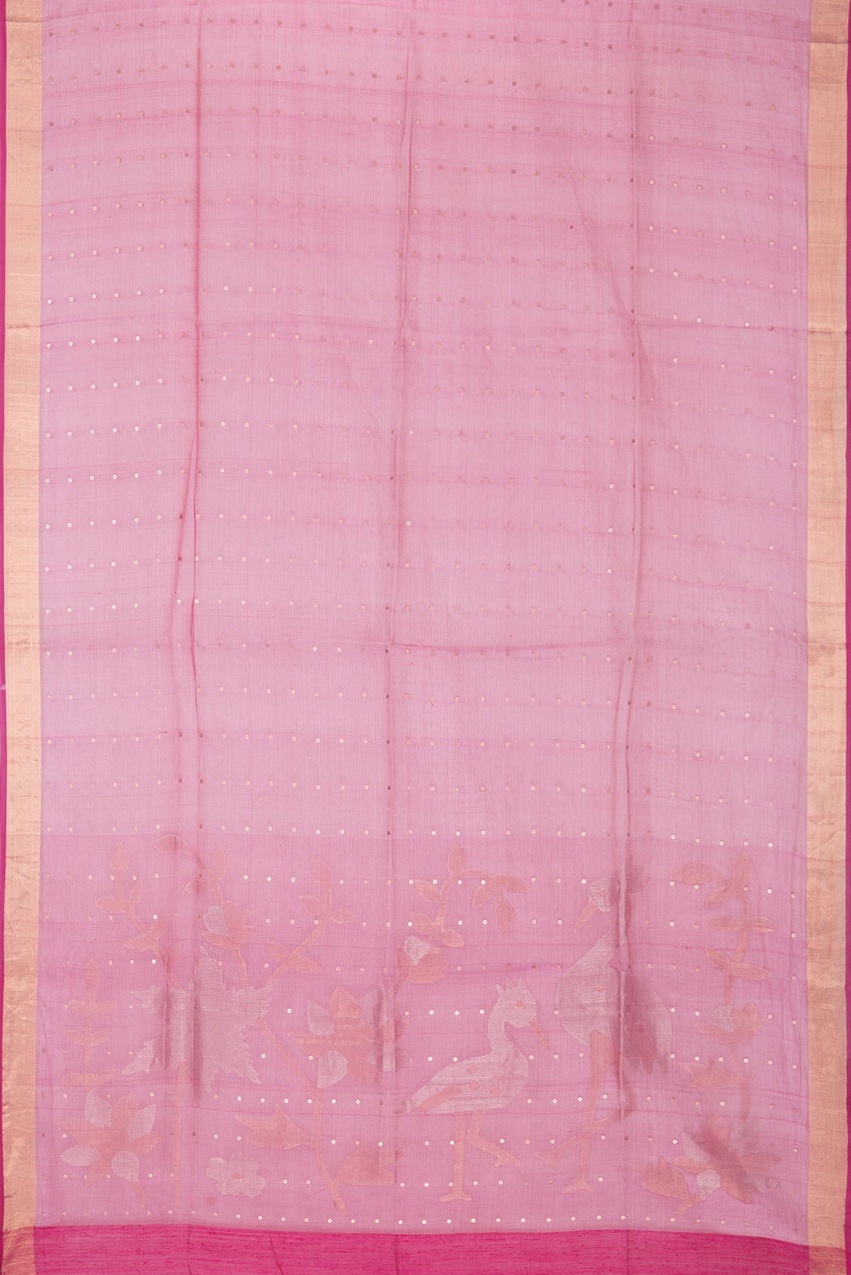 Flat view of Pure Silk Dark Pink Dual Tone Tussar Saree with Embroidery on the body and Zari Border. 