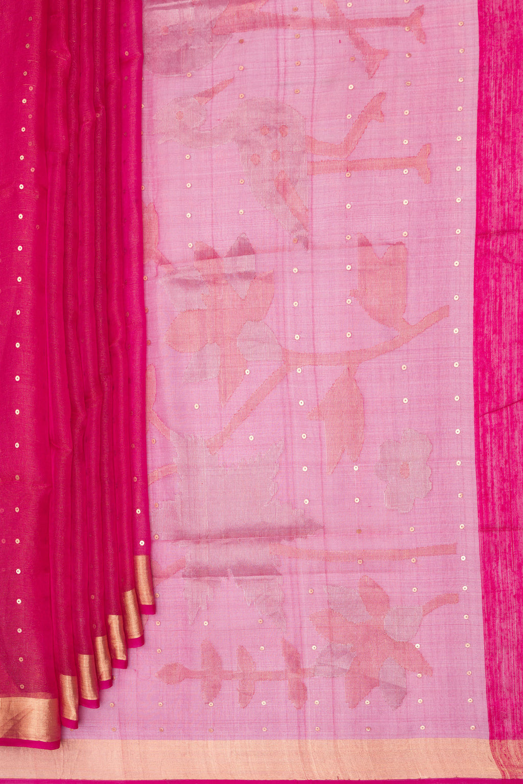 Pleats and pallu of Pure Silk Dark Pink Dual Tone Tussar Saree with Embroidery on the body and Zari Border. 