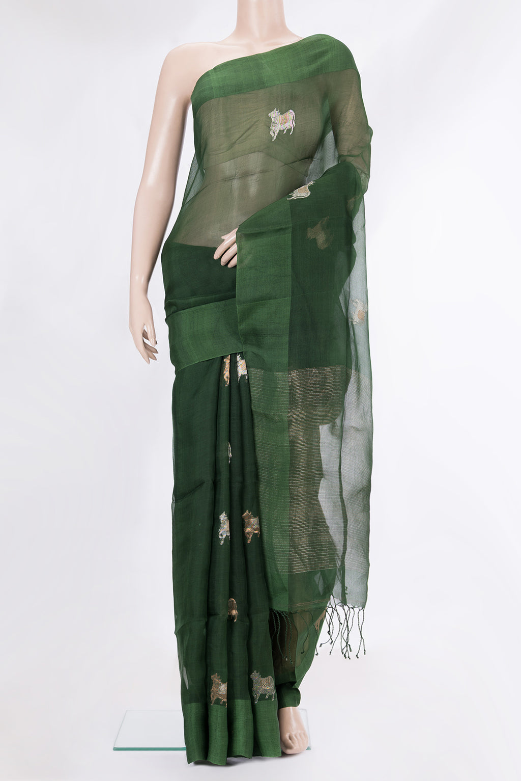 Pure Silk Green Dual Tone Tussar Saree with Plain Body and Plain Border.  displayed on a mannequin