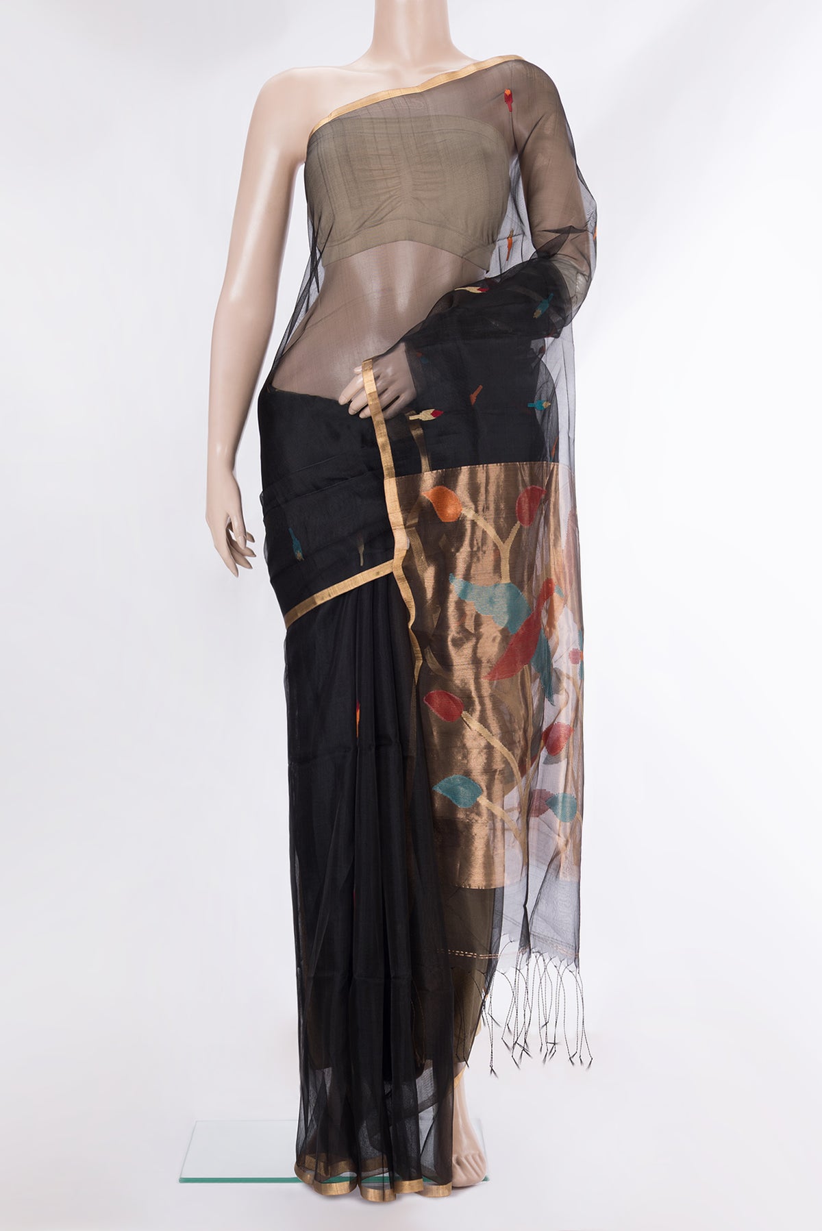 Pure Silk Black Dual Tone Organza Saree with Thread Butta on the body and Zari Border.  displayed on a mannequin