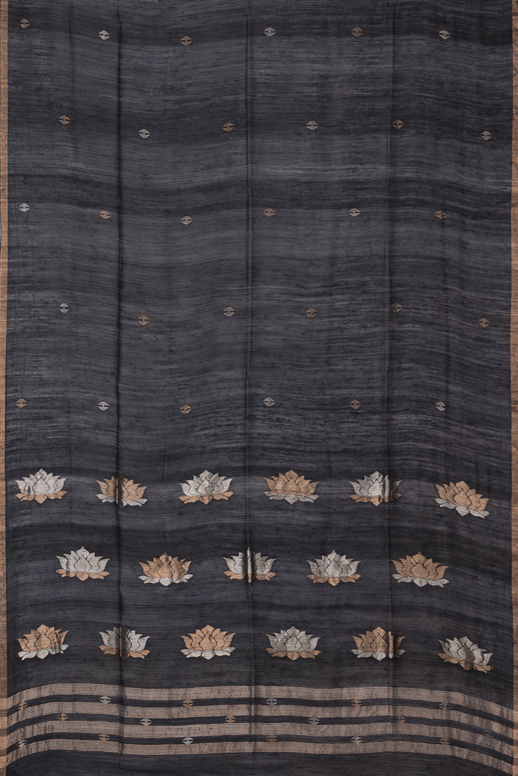 Flat view of Pure Silk Black Tussar Saree with Plain Body and Zari Border. 