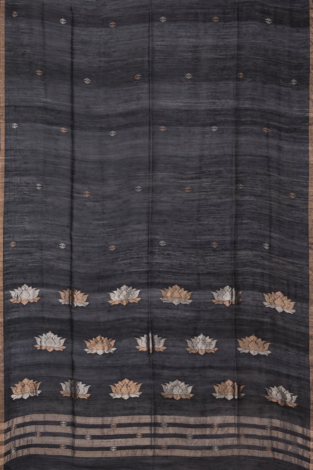 Flat view of Pure Silk Black Tussar Saree with Plain Body and Zari Border. 