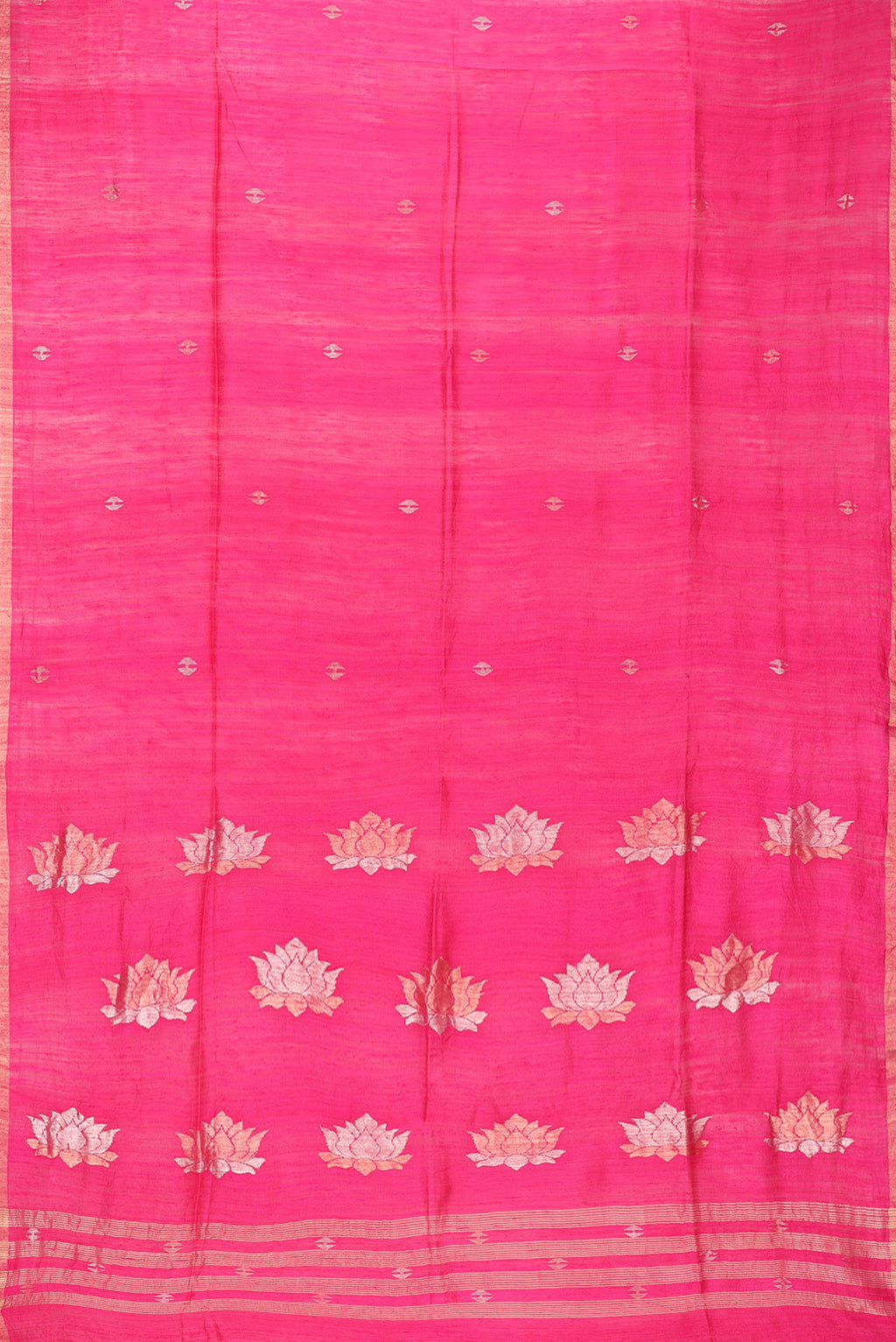 Flat view of Pure Silk Pink Tussar Saree with Zari Butta on the body and Zari Border. 