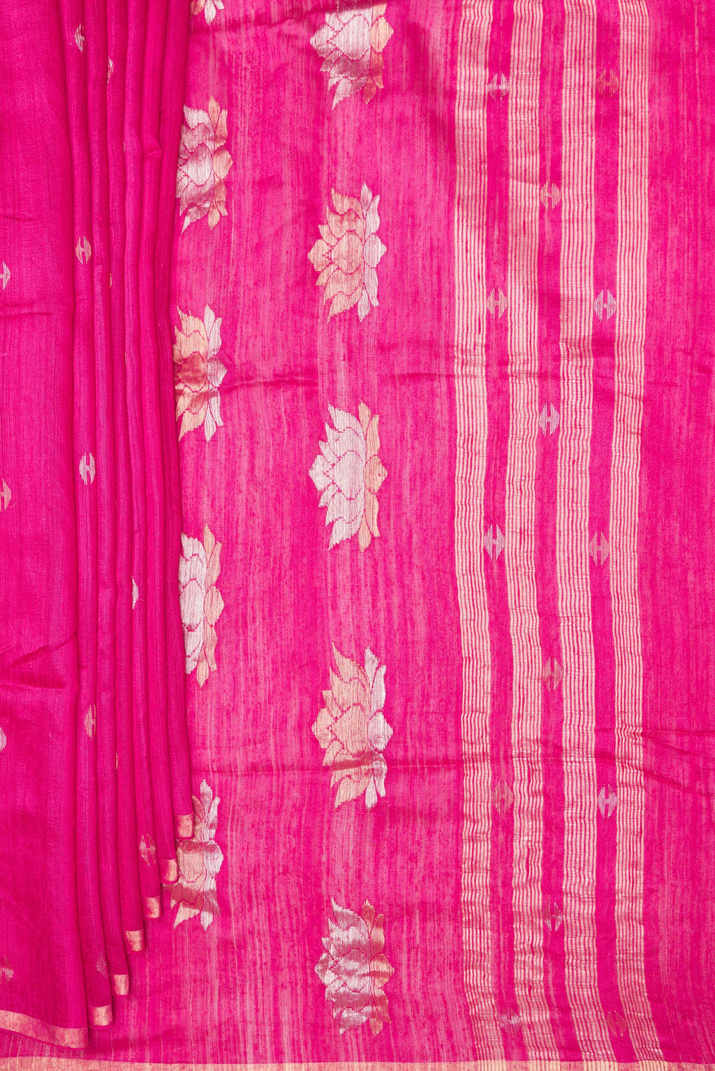 Pleats and pallu of Pure Silk Pink Tussar Saree with Zari Butta on the body and Zari Border. 