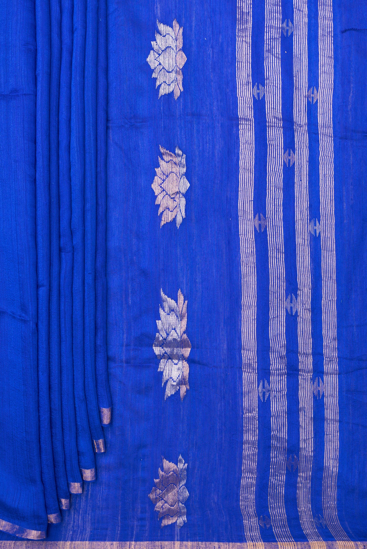 Pleats and pallu of Royal Blue Tussar Saree with Zari Butta on the body and Zari Border. 