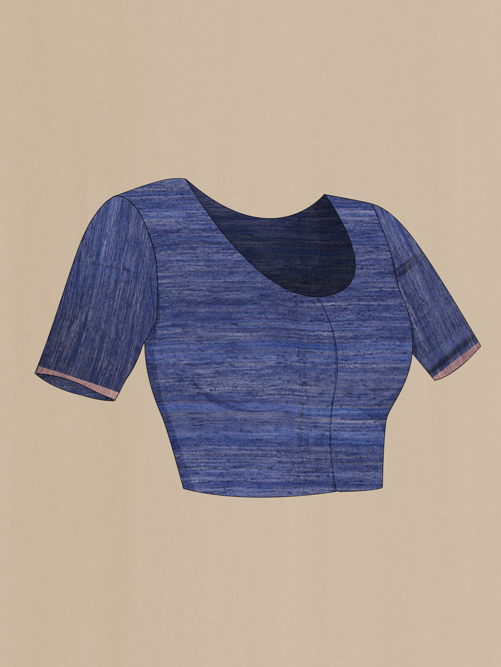 Close up image of the blouse of Pure Silk Navy Blue Dual Tone Jute Saree with Zari Butta on the body and Zari Border. 