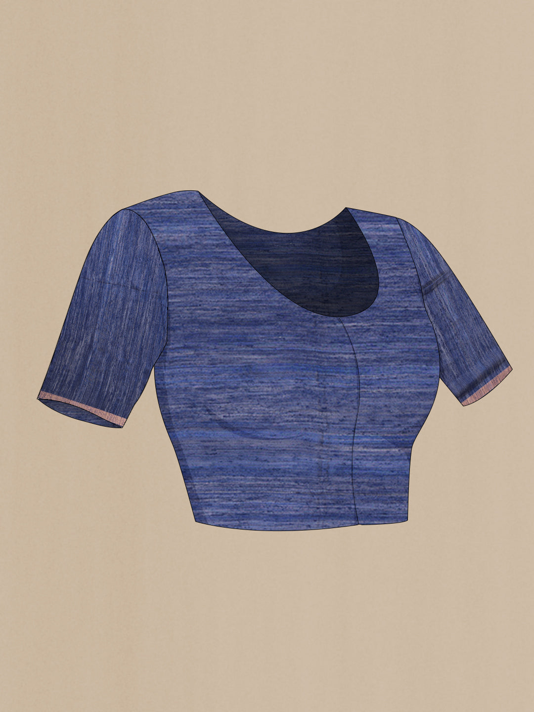 Close up image of the blouse of Pure Silk Navy Blue Dual Tone Jute Saree with Zari Butta on the body and Zari Border. 