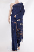Pure Silk Navy Blue Dual Tone Jute Saree with Zari Butta on the body and Zari Border.  displayed on a mannequin
