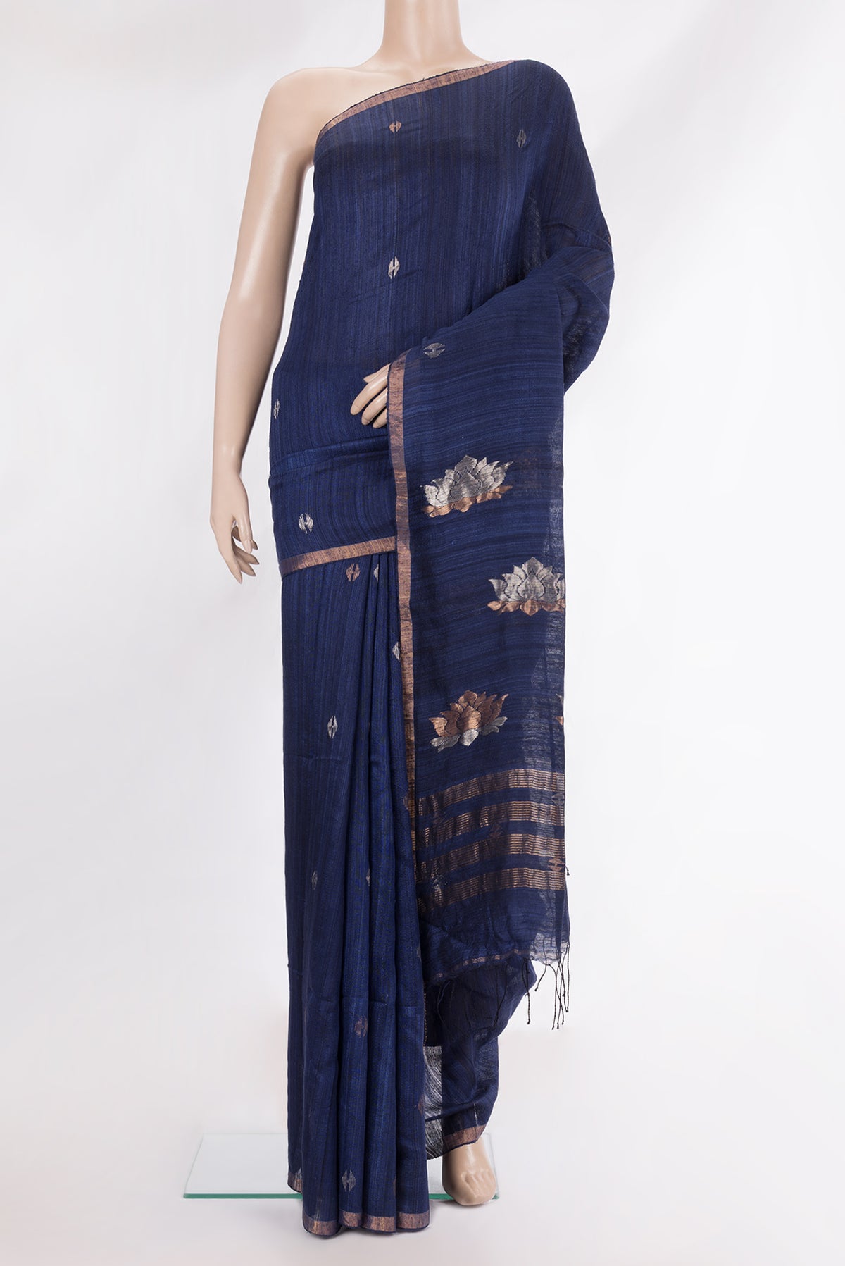 Pure Silk Navy Blue Dual Tone Jute Saree with Zari Butta on the body and Zari Border.  displayed on a mannequin
