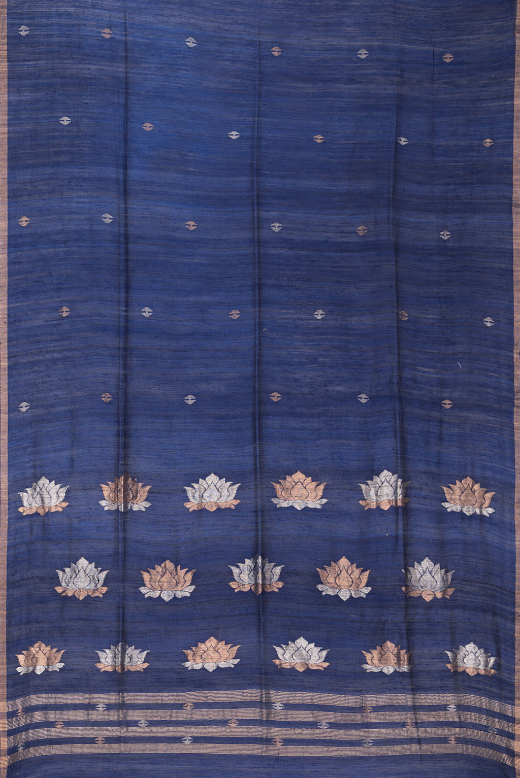 Flat view of Pure Silk Navy Blue Dual Tone Jute Saree with Zari Butta on the body and Zari Border. 
