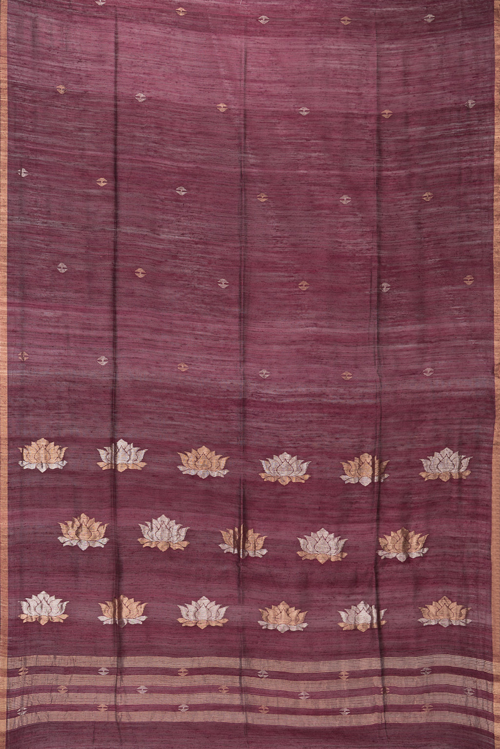 Flat view of Pure Silk Brown Tussar Saree with Zari Butta on the body and Zari Border. 
