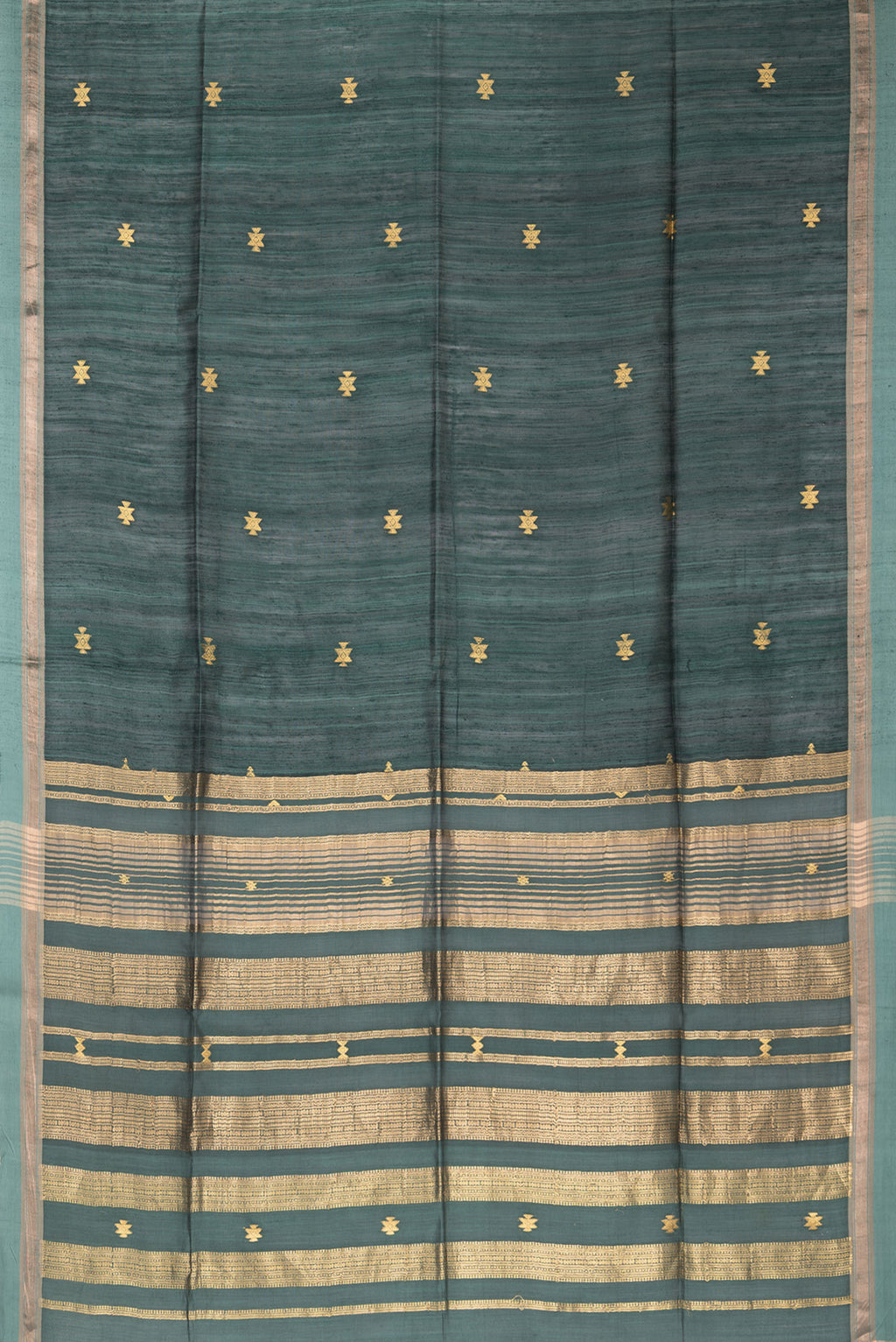 Flat view of Pure Silk Green Dual Tone Jute Saree with Zari Butta on the body and Zari Border. 