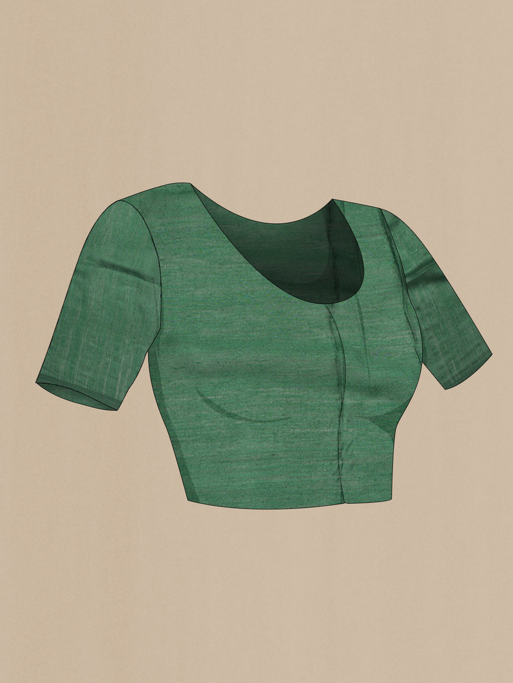 Close up image of the blouse of Green Tussar Saree with Zari Butta on the body and Fancy Border. 