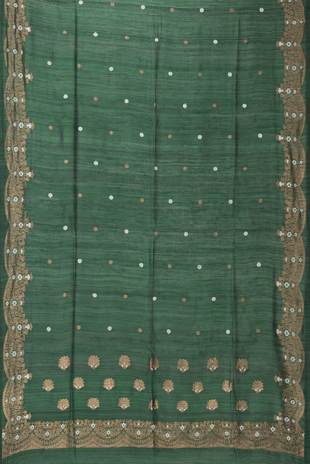 Flat view of Green Tussar Saree with Zari Butta on the body and Fancy Border. 