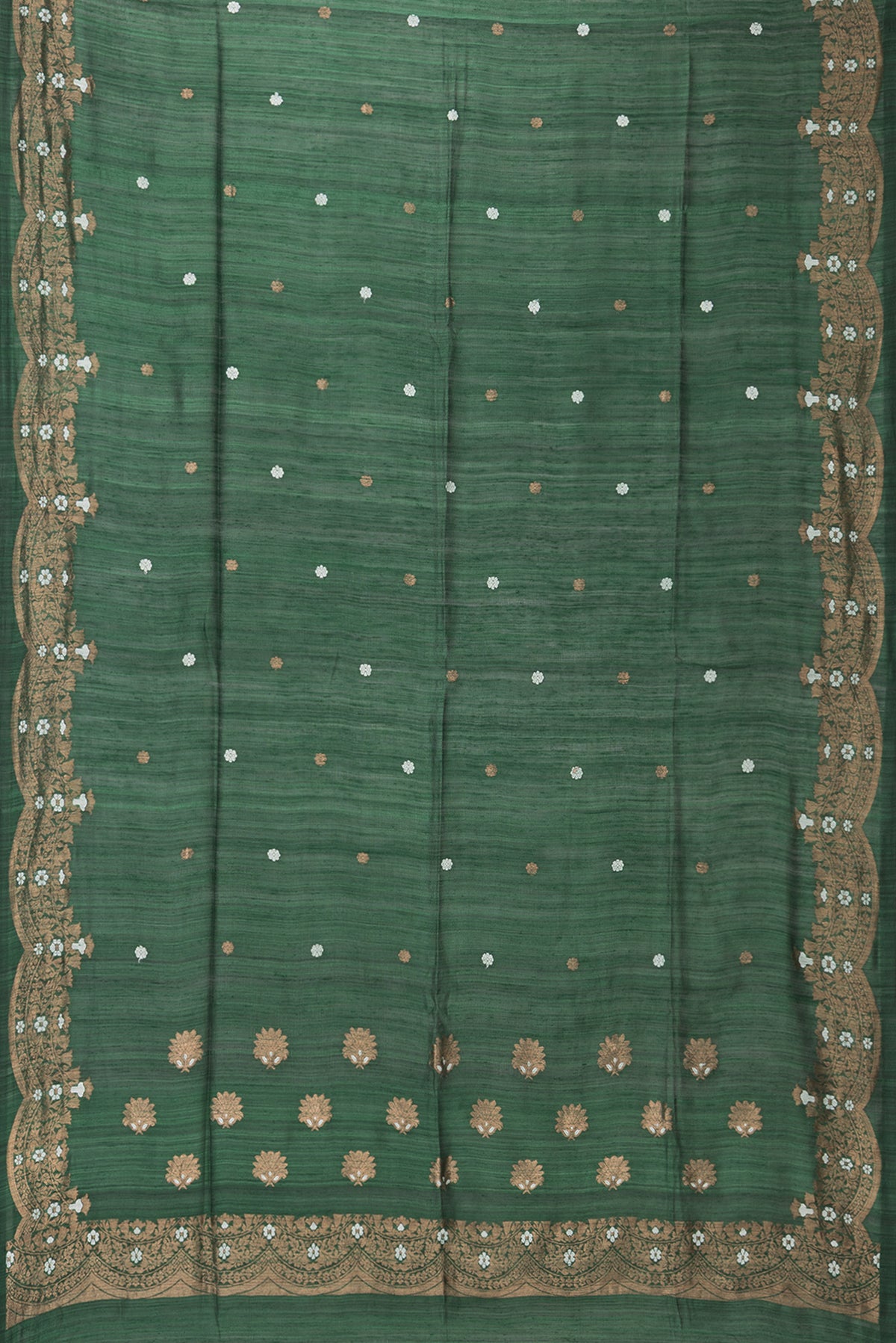 Flat view of Green Tussar Saree with Zari Butta on the body and Fancy Border. 