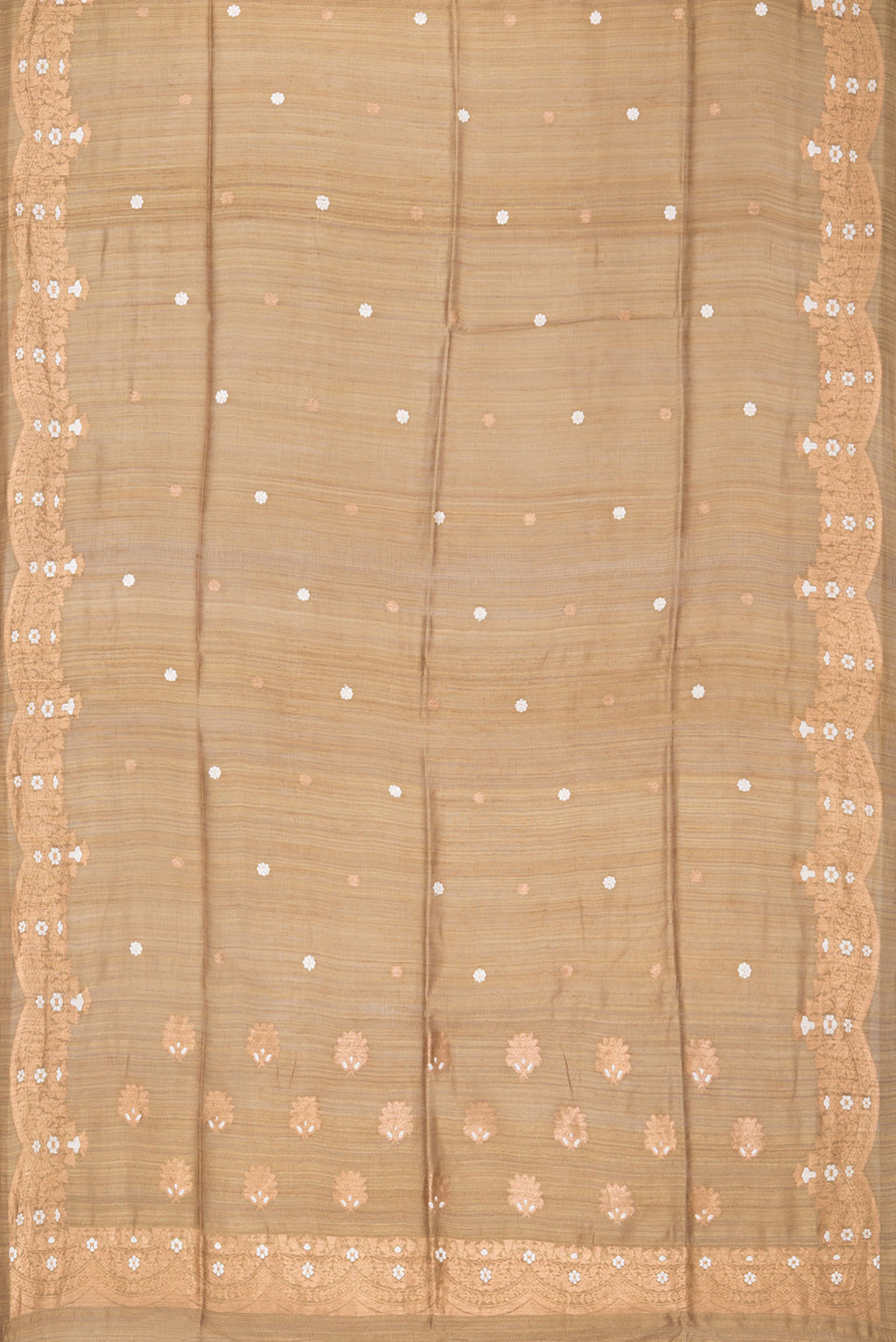 Flat view of Pure Silk Gold Dual Tone Jute Saree with Zari Butta on the body and Fancy Border. 