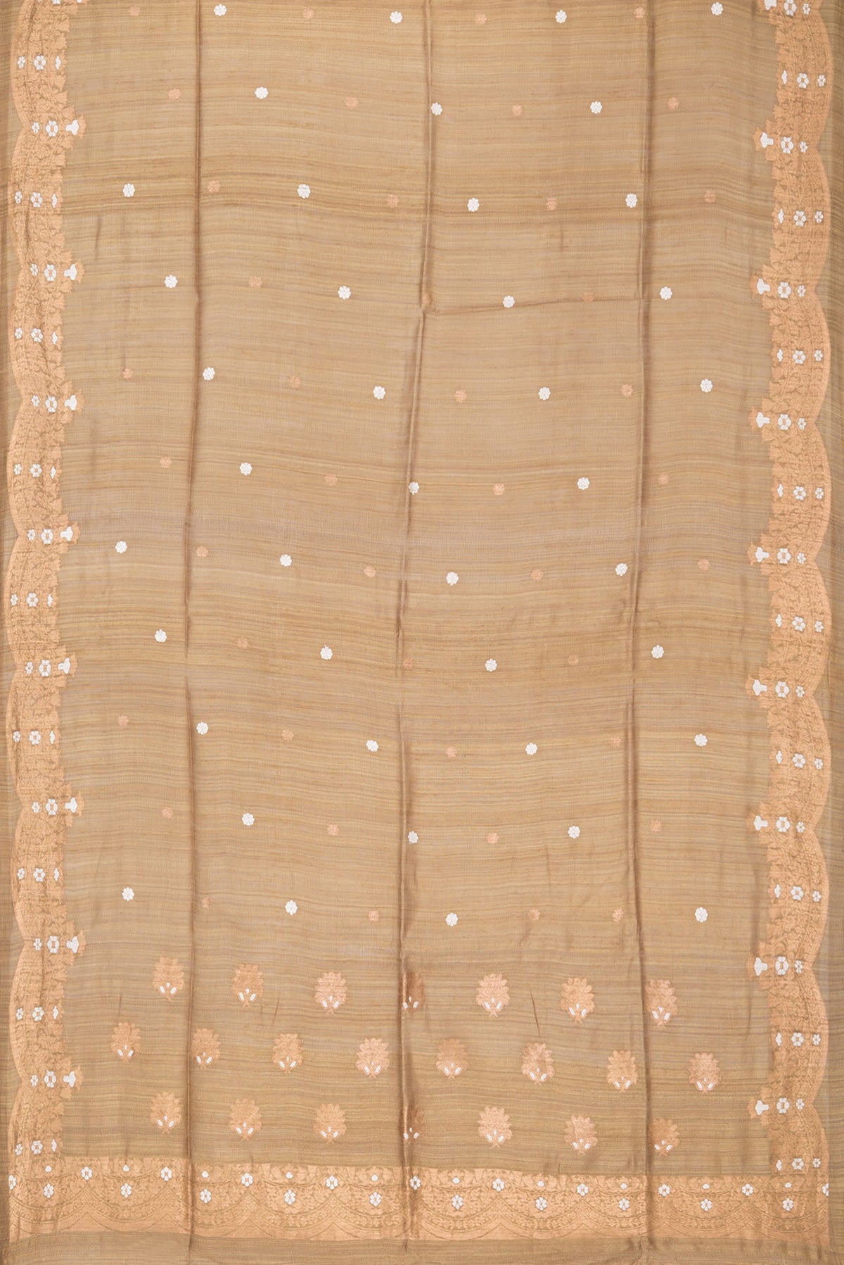 Flat view of Pure Silk Gold Dual Tone Jute Saree with Zari Butta on the body and Fancy Border. 