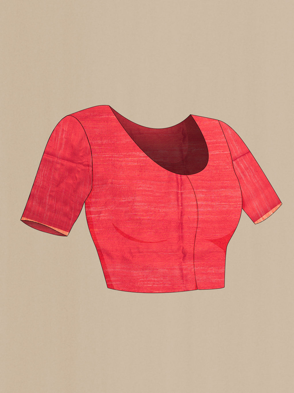 Close up image of the blouse of Red Tussar Saree with Zari Butta on the body and Zari Border. 
