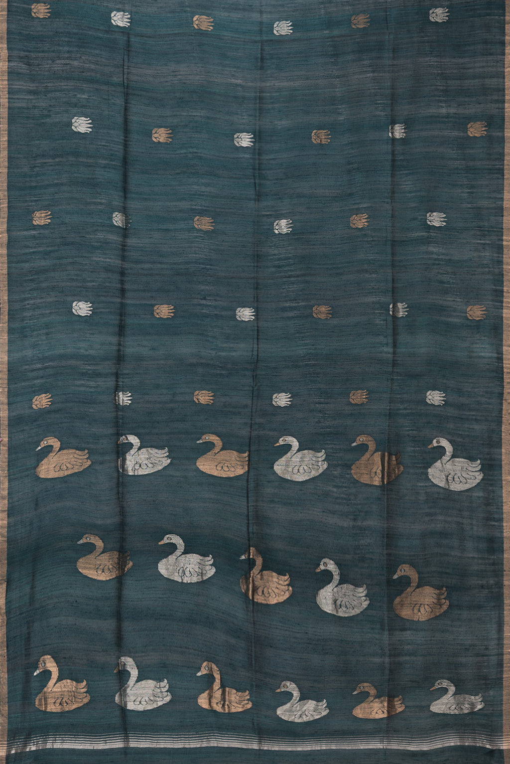 Flat view of Pure Silk Bottle Green Tussar Saree with Zari Butta on the body and Zari Border. 